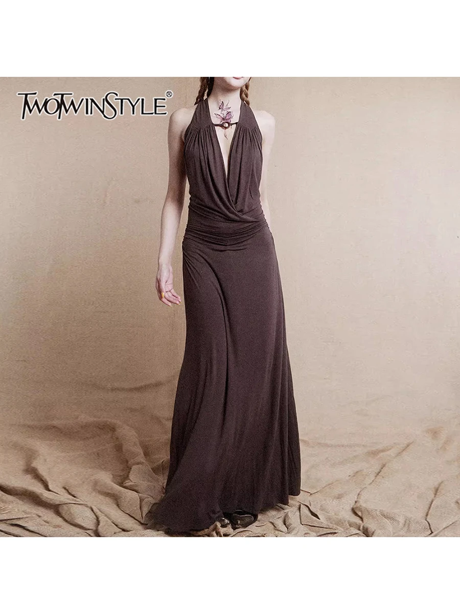 

TWOTWINSTYLE Solid Spliced Folds Slimming Dresses For Women Deep V Neck Sleeveless High Waist Temperament Dress Female Fashion