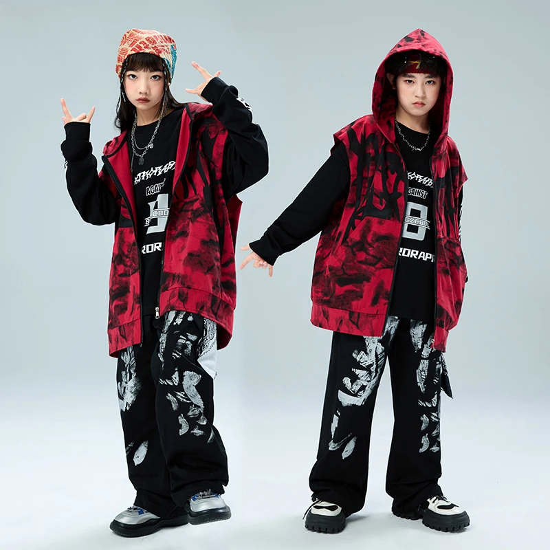 

Hip Hop Dance Costume Street Dance Children Red Jacket Black Top Pants Outfits Kids Performance Jazz Modern Dance Wear DN20179