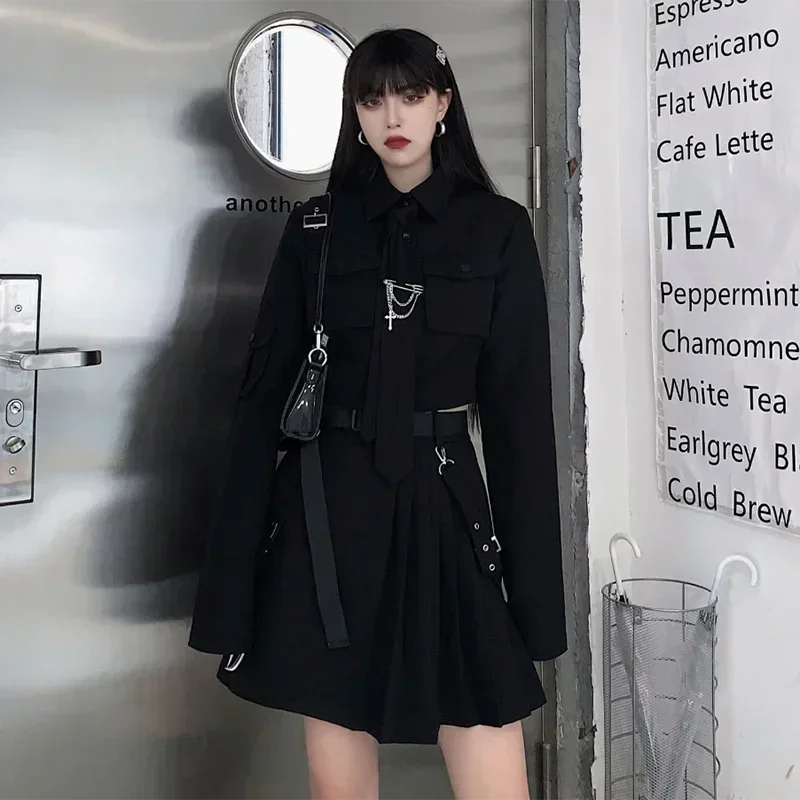 Gothic Black Punk Emo Two-Piece Skirt Spring Y2K Alt Clothes Kpop JK Uniform Punk Chain Ribbon Skirts Women 2 Piece Suit Female view 5
