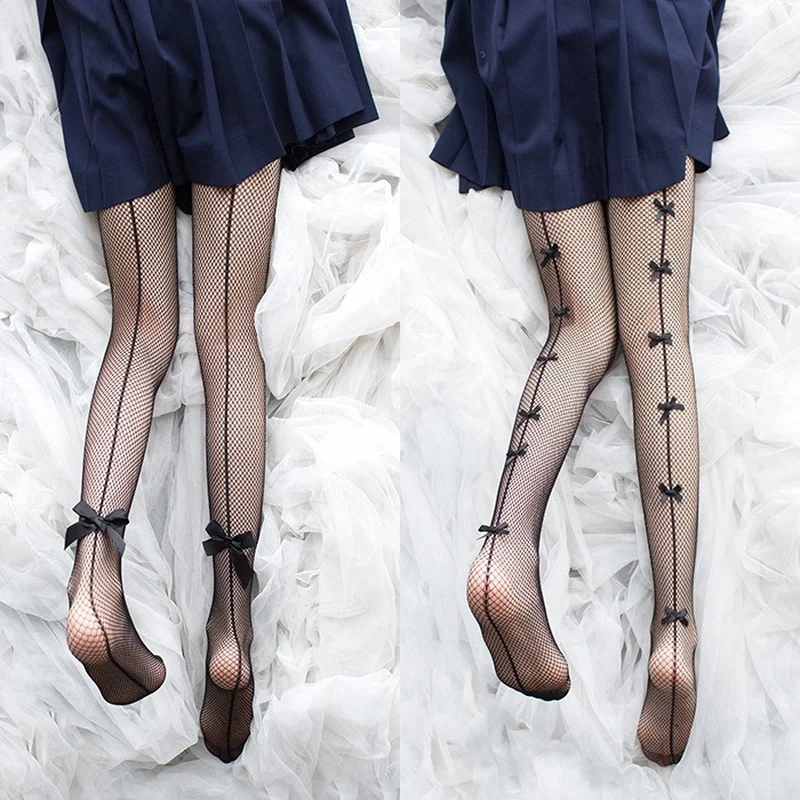 Sexy Women Tights Summer Nylon Transparent Bowknot Pantyhose Japanese Kawaii Girls Cute Black Mesh Fishnet Sexy Lingerie Tights