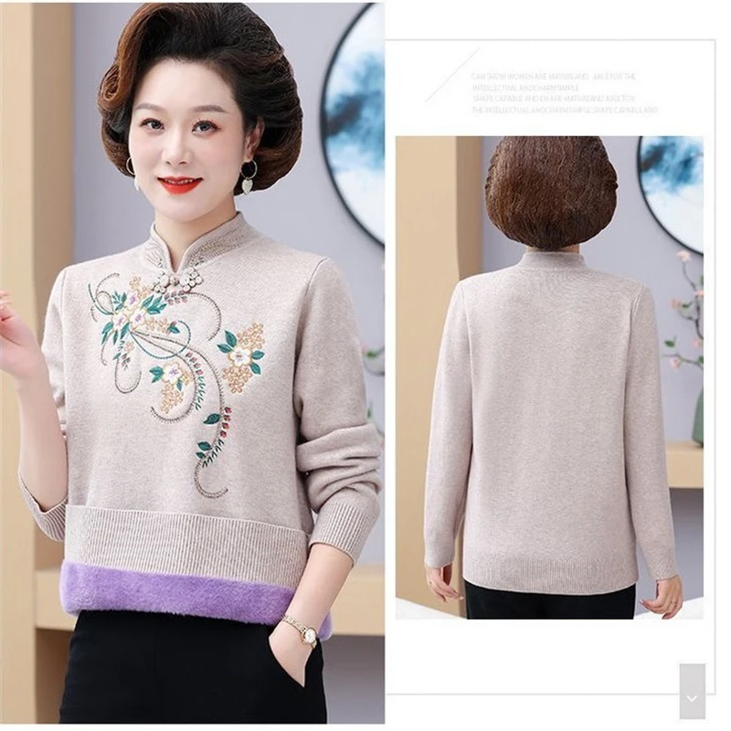 2025Autumn Winter High End Elegant Women Knitted Sweater Thicken Warm Velvet Pullover Large Size Middle Aged Mother Knitwear Top