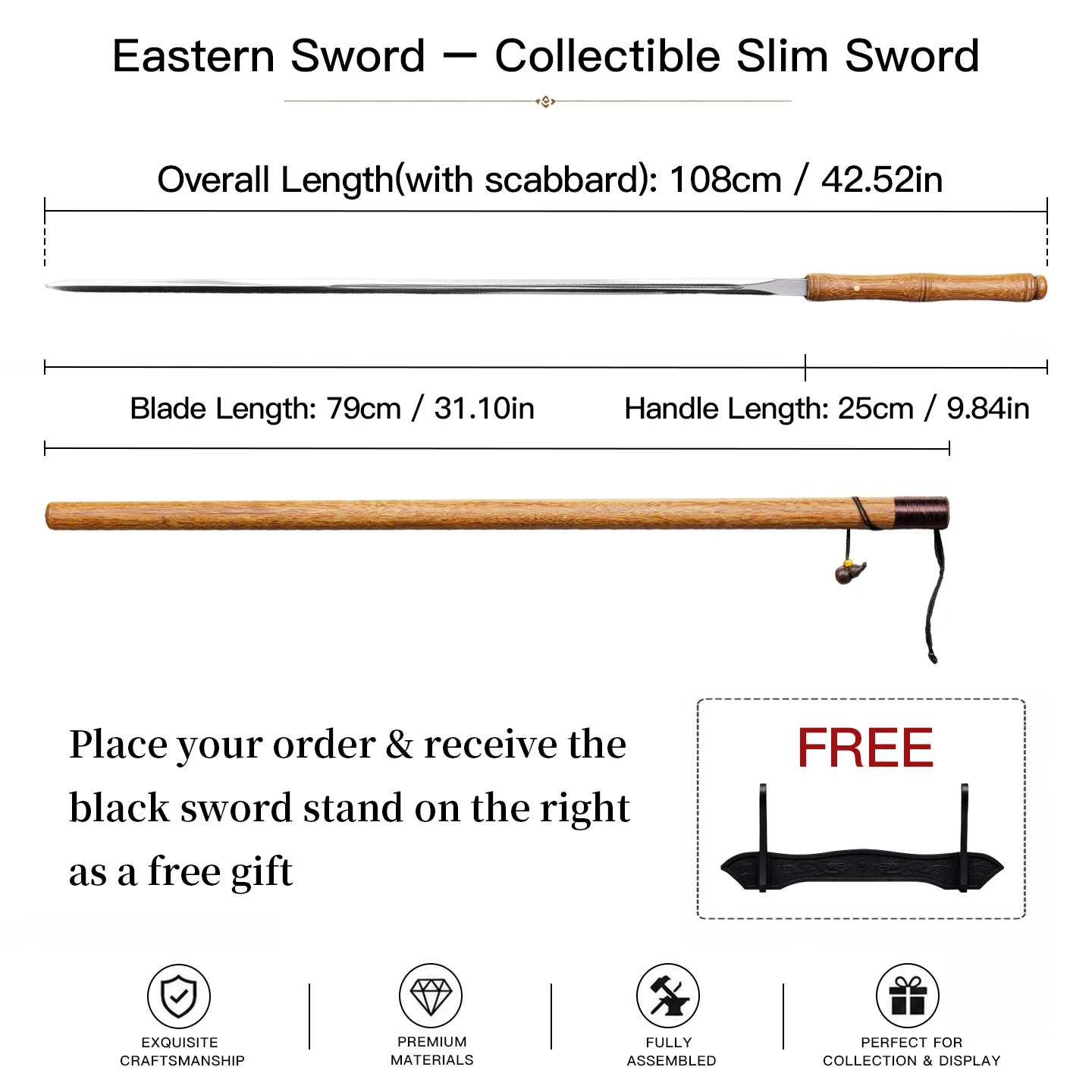 Vintage Minimal Wushu Accessory Desktop Collector Full Set Gift Chinese Collectible Slim Hidden Stick Sword Hanfu Cosplay