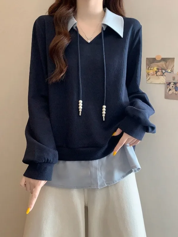 

Женская толстовка Ele Long Sve свободного кроя, удобная, для весны и лета, повседневная, больших размеров, скрывающая живот, в стиле колор-блок