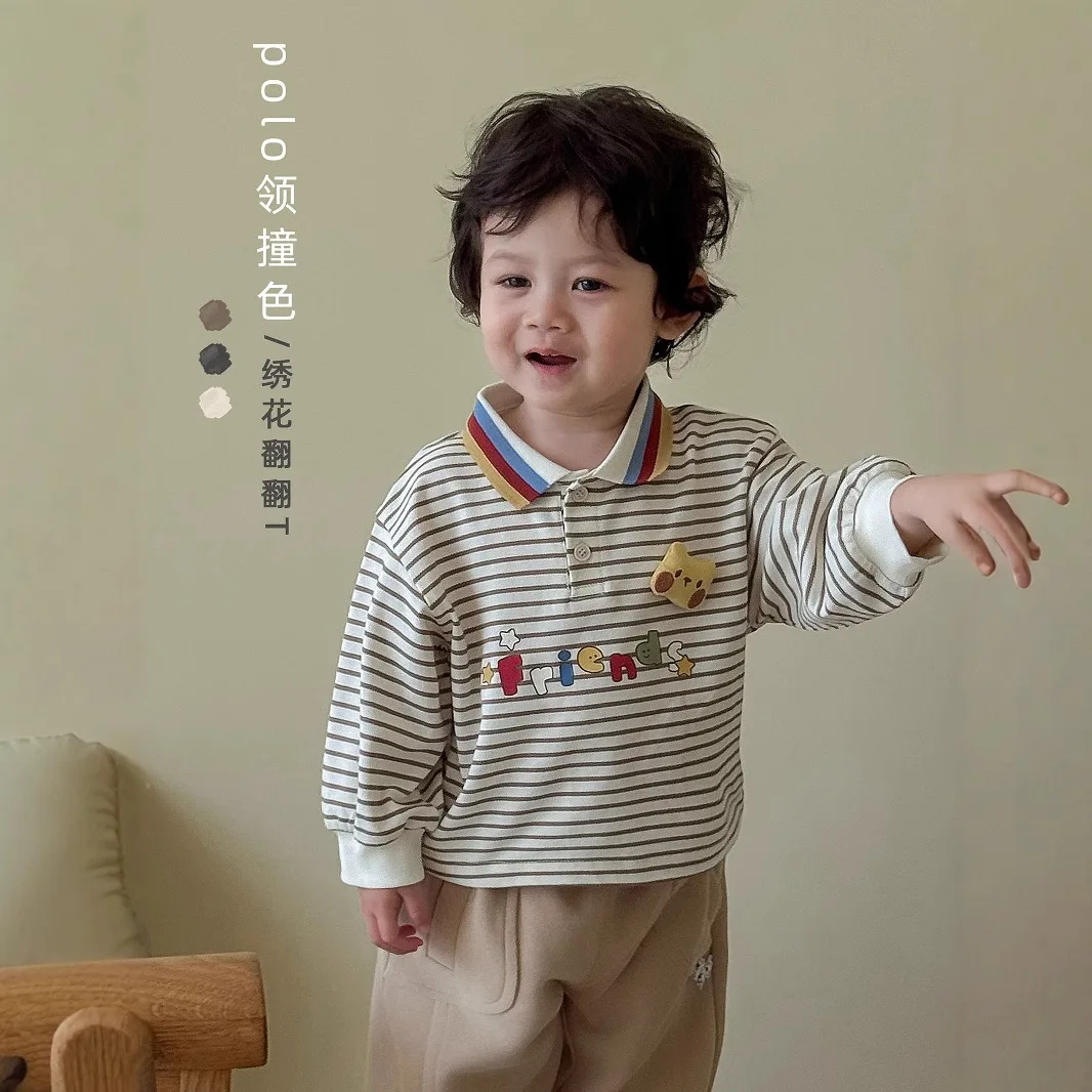 

Children's Striped T-shirt 2025 New Autumn Boy Doll Cartoon Base Shirt Baby Korean Version Autumn Top