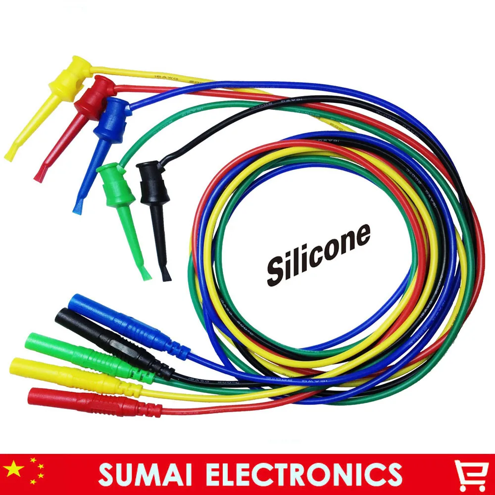 5 Pieces test hook clip with 4mm banana plug, 16 AWG ultra soft silicone moulded 5 colors cable