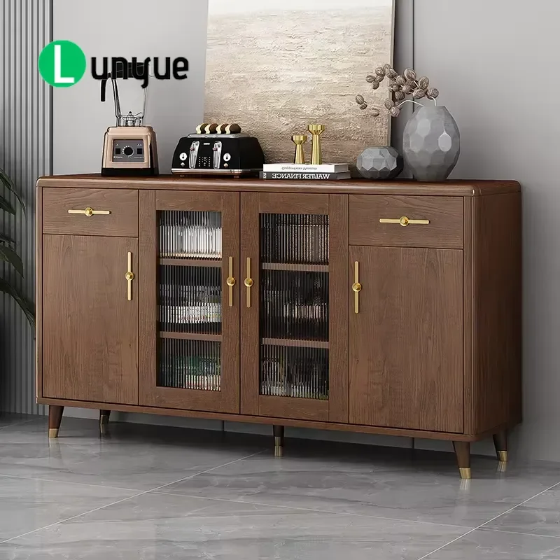 Modern Grooved Wooden Side Cabinet Buffet Locker with Golden Handle Farmhouse Style for Living Room Dining Room Bathroom