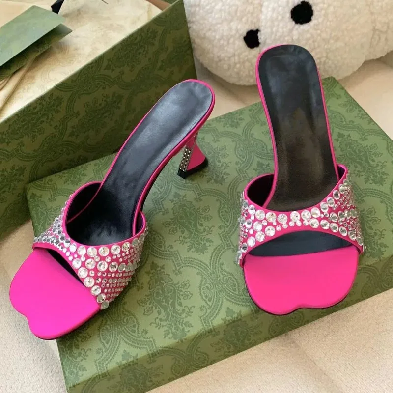 Rhinestone Decorate  Irregular Heel Shoes Black Pink Casual High-Heeled Slipper Outdoor Genuine Leather Shoes Women High Quality