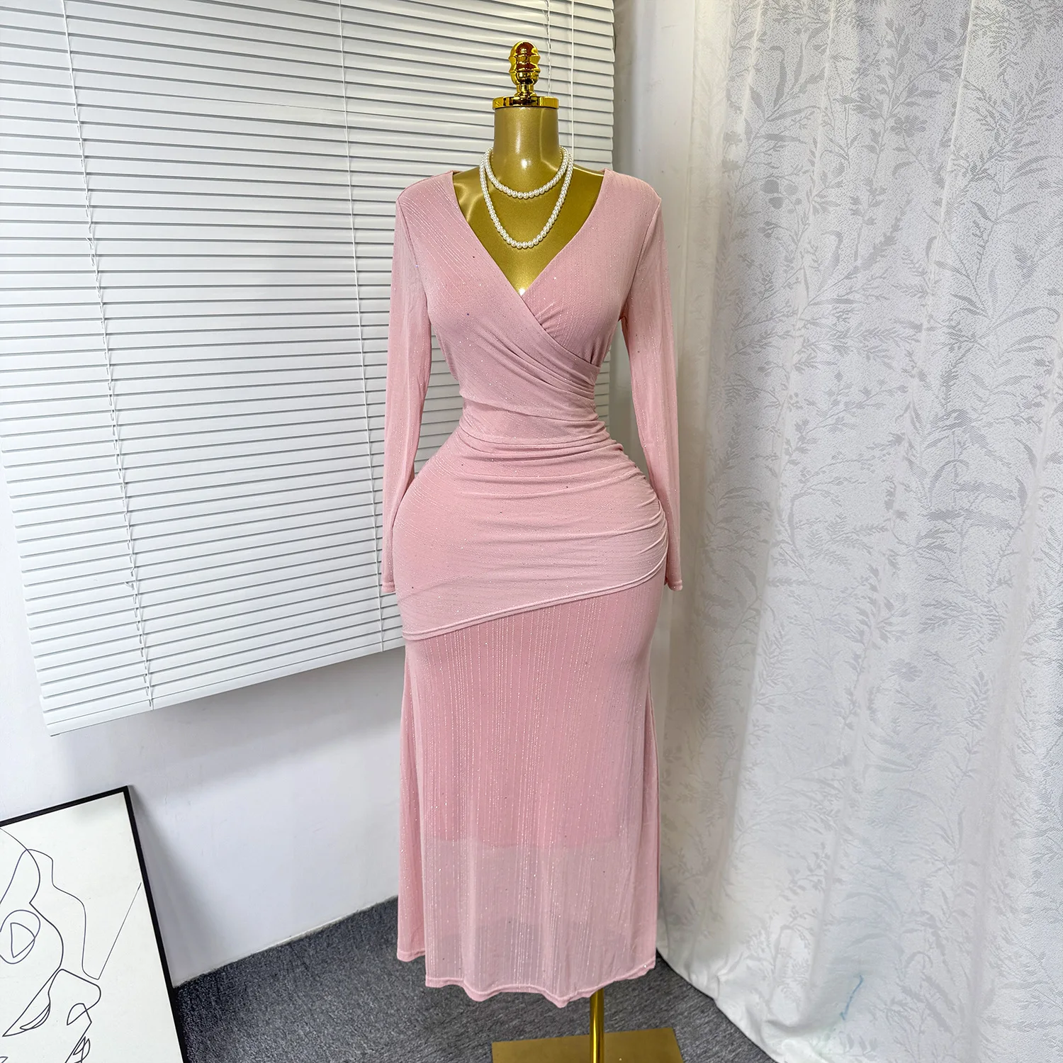 

Women Net Fabric Solid Dresses Ankle Lenth Dress Long Lantern Sleeve V Neck Waist Cinch Slim Fit Skinny Sexy Elegant Autumn 2025