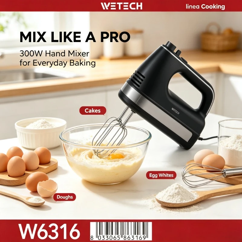 WETECH W6316 Mixer Elettrico a Mano 300W, 5 Velocità, Turbo Boost, Fruste in Acciaio Inox, Ganci per Impasto, AC 220-240V, Sbattitore per Uova e Mixer