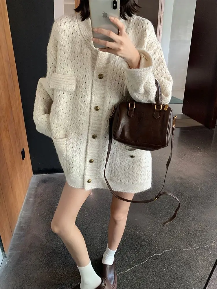 New Sexy Regular Style Mini Hole Pocket Cardigan Knitted Layered Sweater for Autumn and Winter