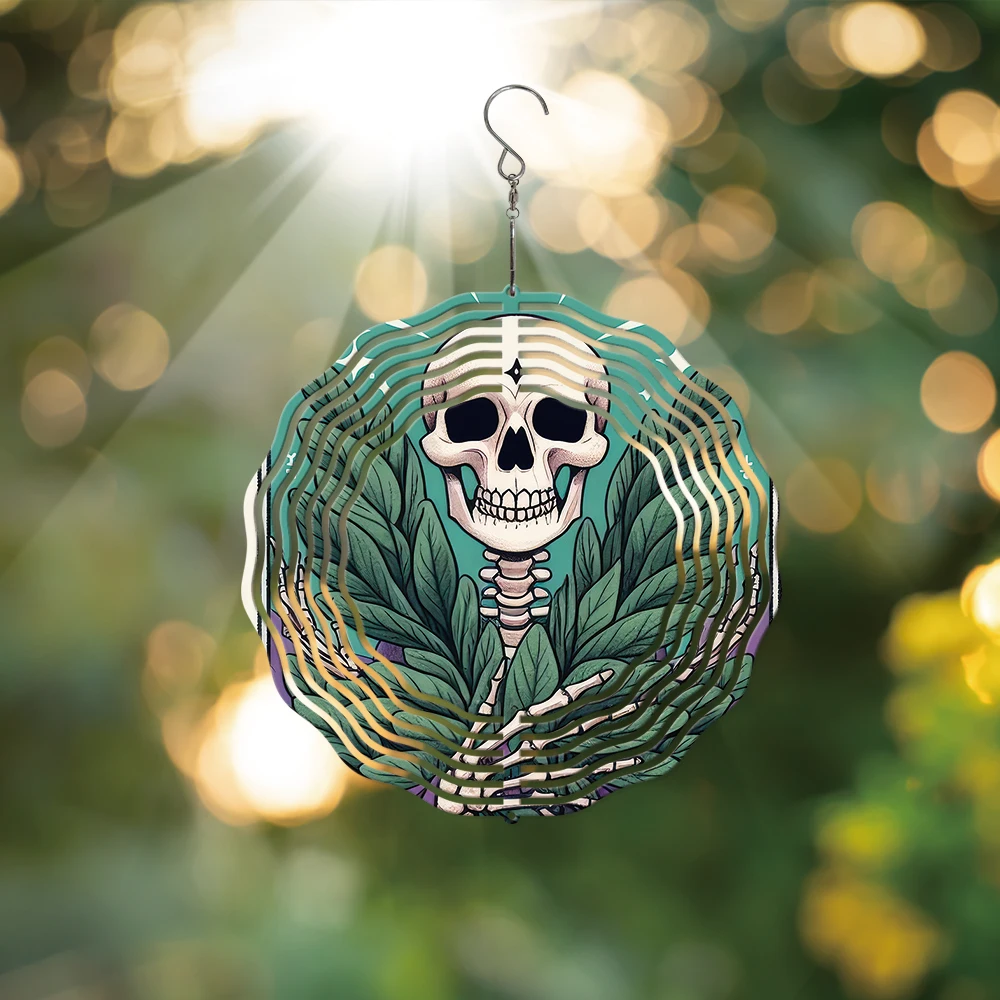 

1PC 30.5X30.5cm Skeleton Surrounded By Leaves Iron Rotating Wind Spinner Pendant With Swivel Hook For Outdoor Decorations