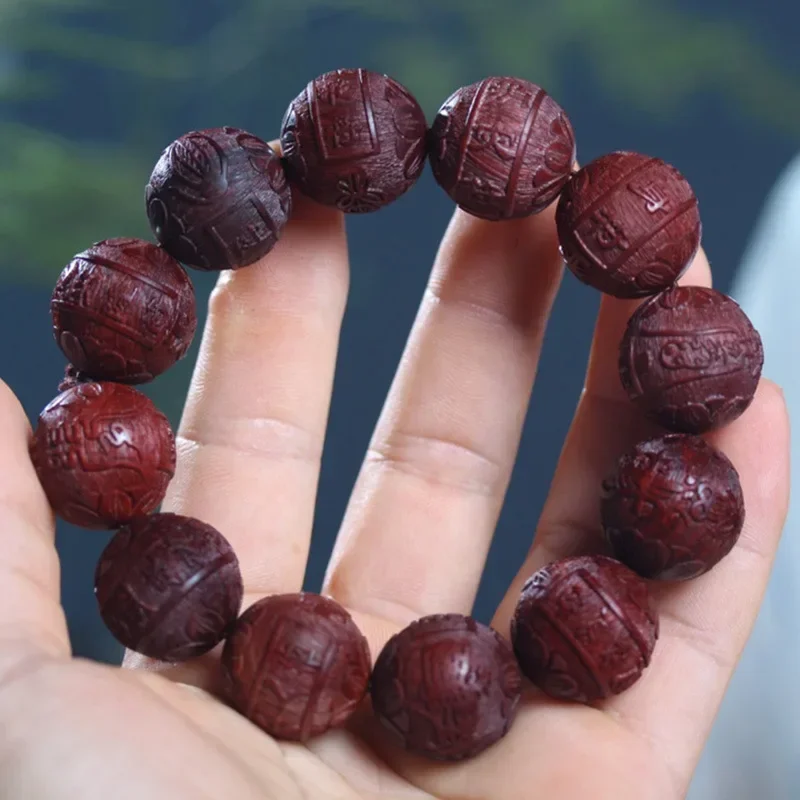 Pterocarpus Santalinus Carved Beads Zambia Red Sandalwood 20mm Heart Sutra Bracelet Twelve Road Spiritual Magic Figure Bracelet