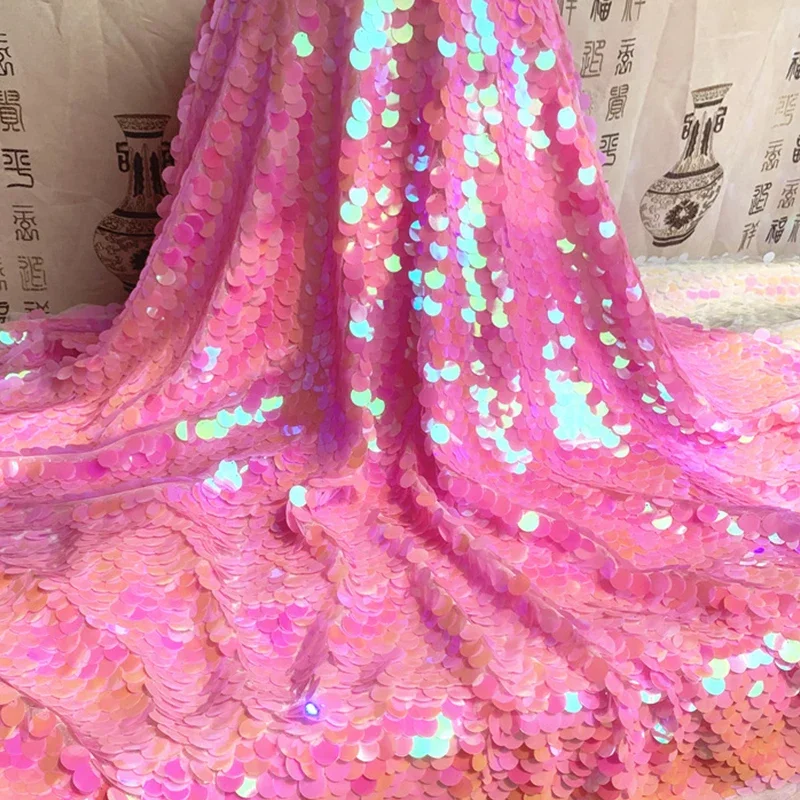 Dreamy Laser Sequin Fabric Imitation Mermaid Scale Round Sequin Glitter Cloth Iridescent Shiny Dress DIY Sewing Background Decor