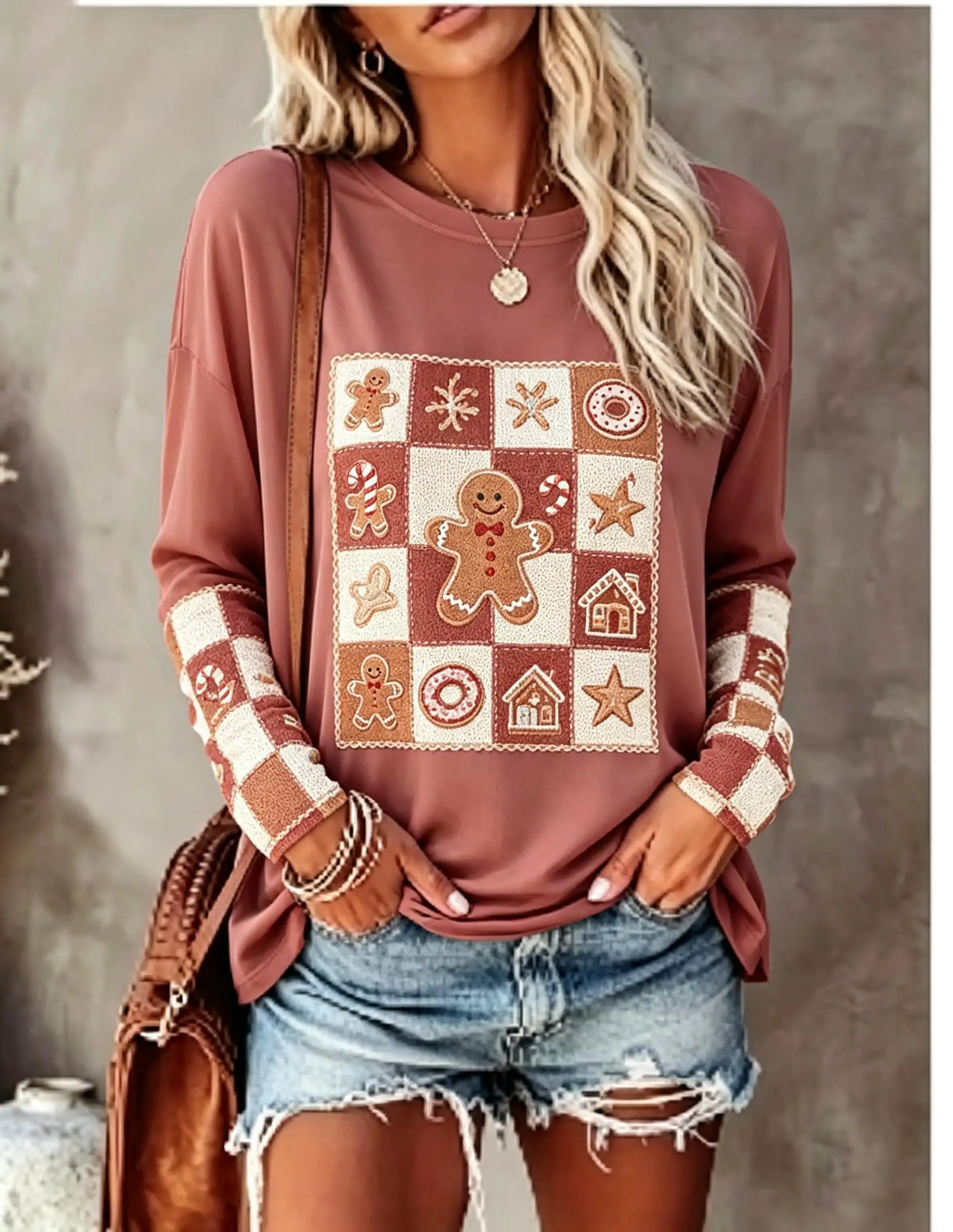 Women Long Sleeve T Shirt Fox Rabbit Patchwork Grid Pinecone Berry Snowflake Print Crew Neck Casual Fall Tops view 4