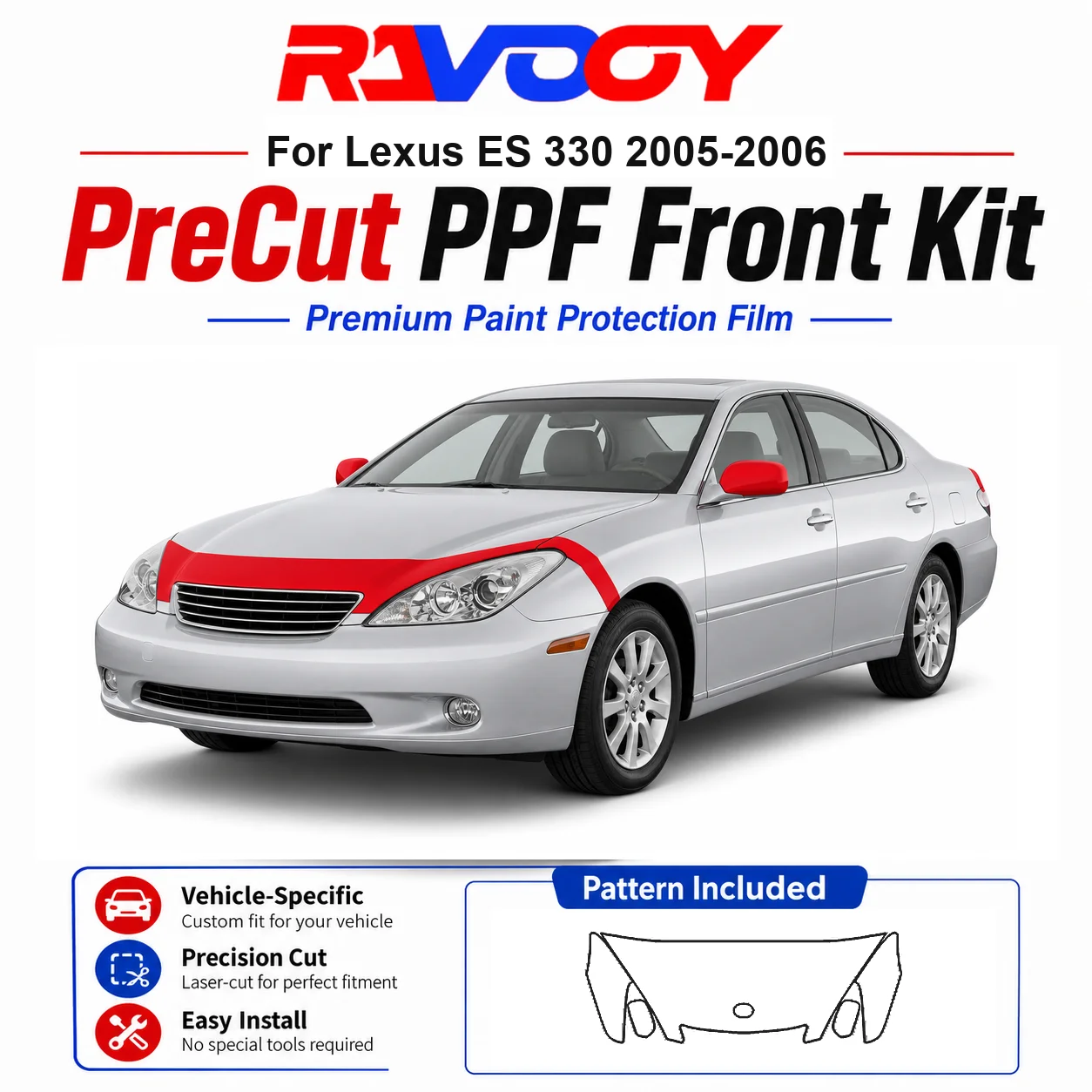 

8.5mil TPU Precut PPF Kit For Lexus ES 330 2005-2006 - Hood, Fenders & Mirror Set - Self-Healing Clear Bra Film
