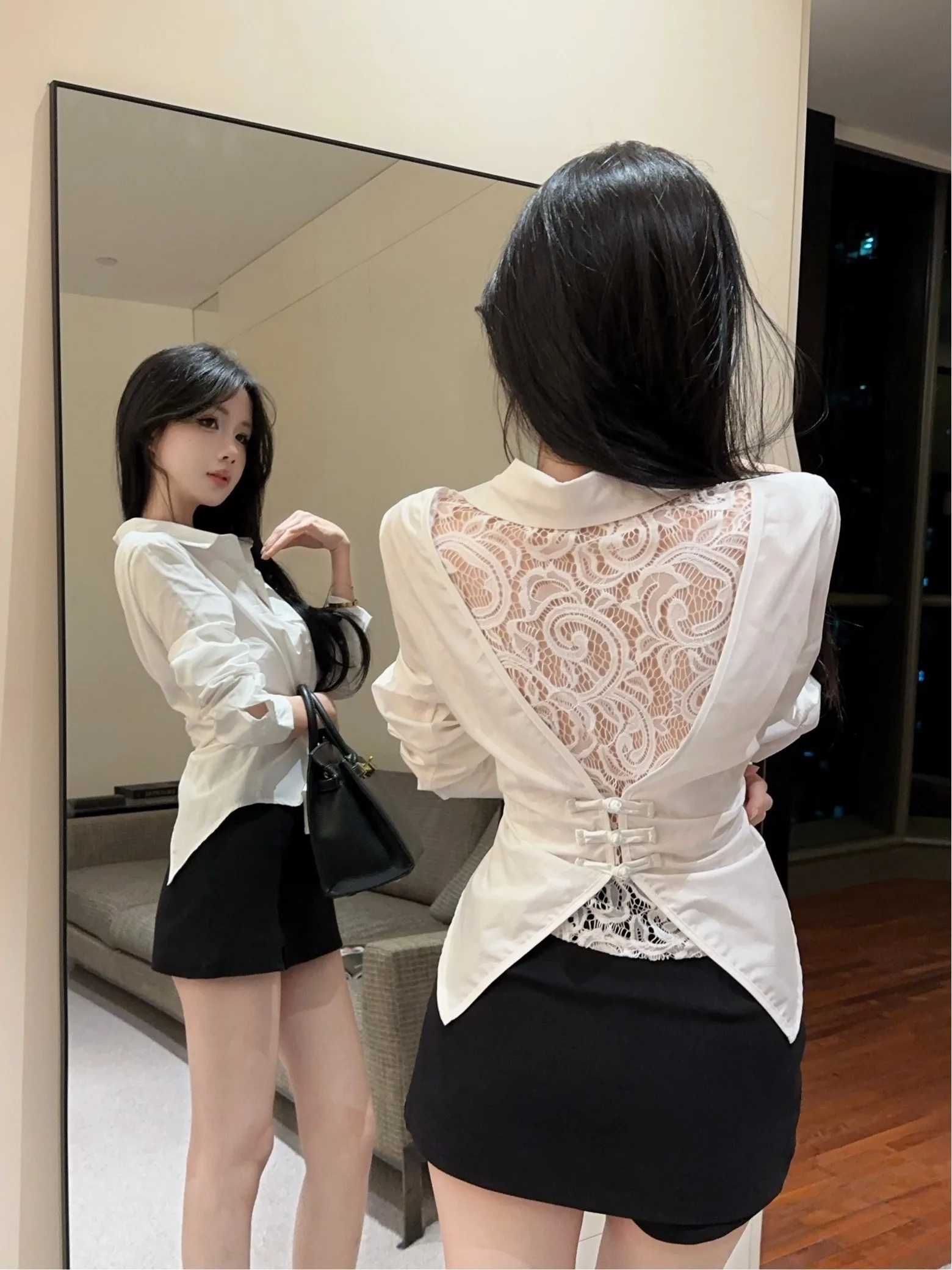 

French Sle Lace Hollow out Women's irt Versatile Waist-Cinching Spring 2026 New Design Breathable Long Sve Ne