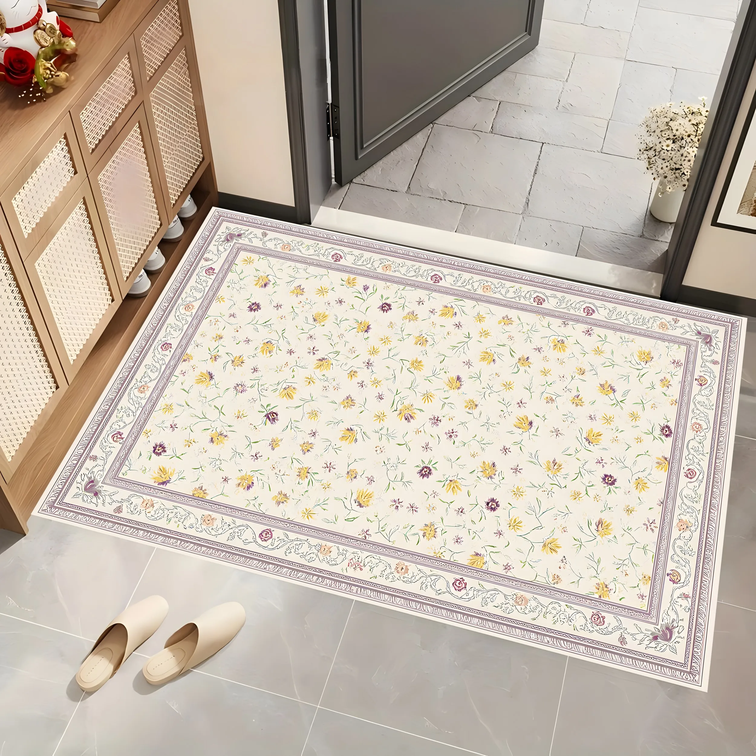 Large Area Rug with Scattered Small Floral and Retro Border, French Fresh Style, for Living Room Bedroom