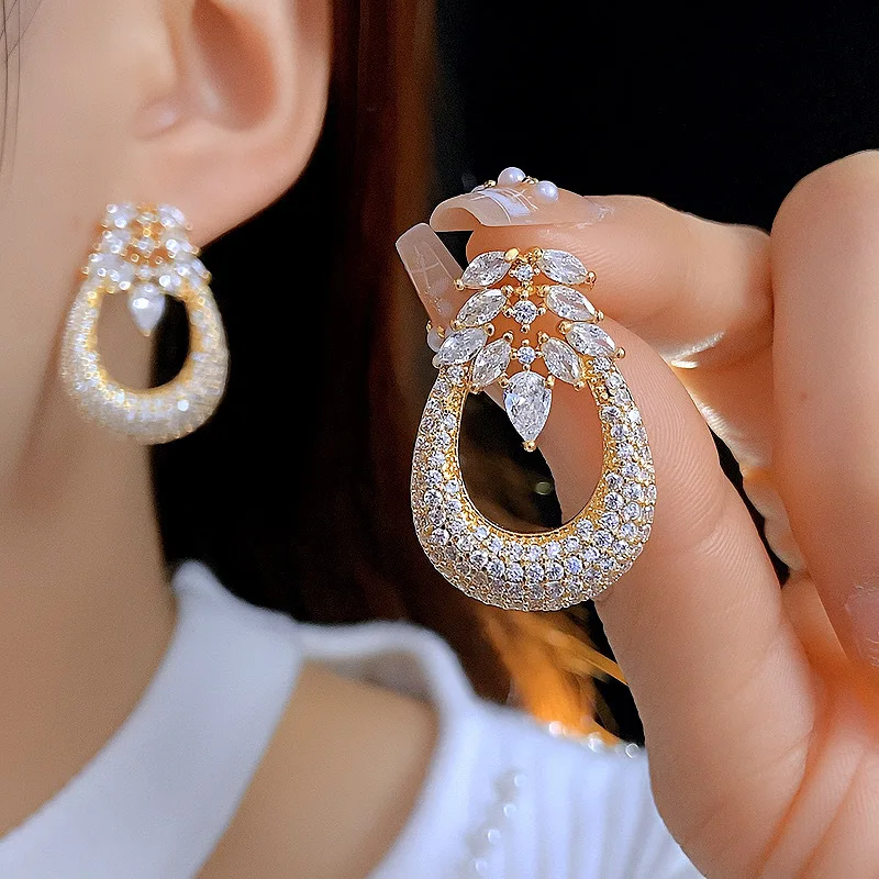 Korean new design fashion jewelry 14K gold plated water drop hollow zircon earrings elegant women's daily work accessories