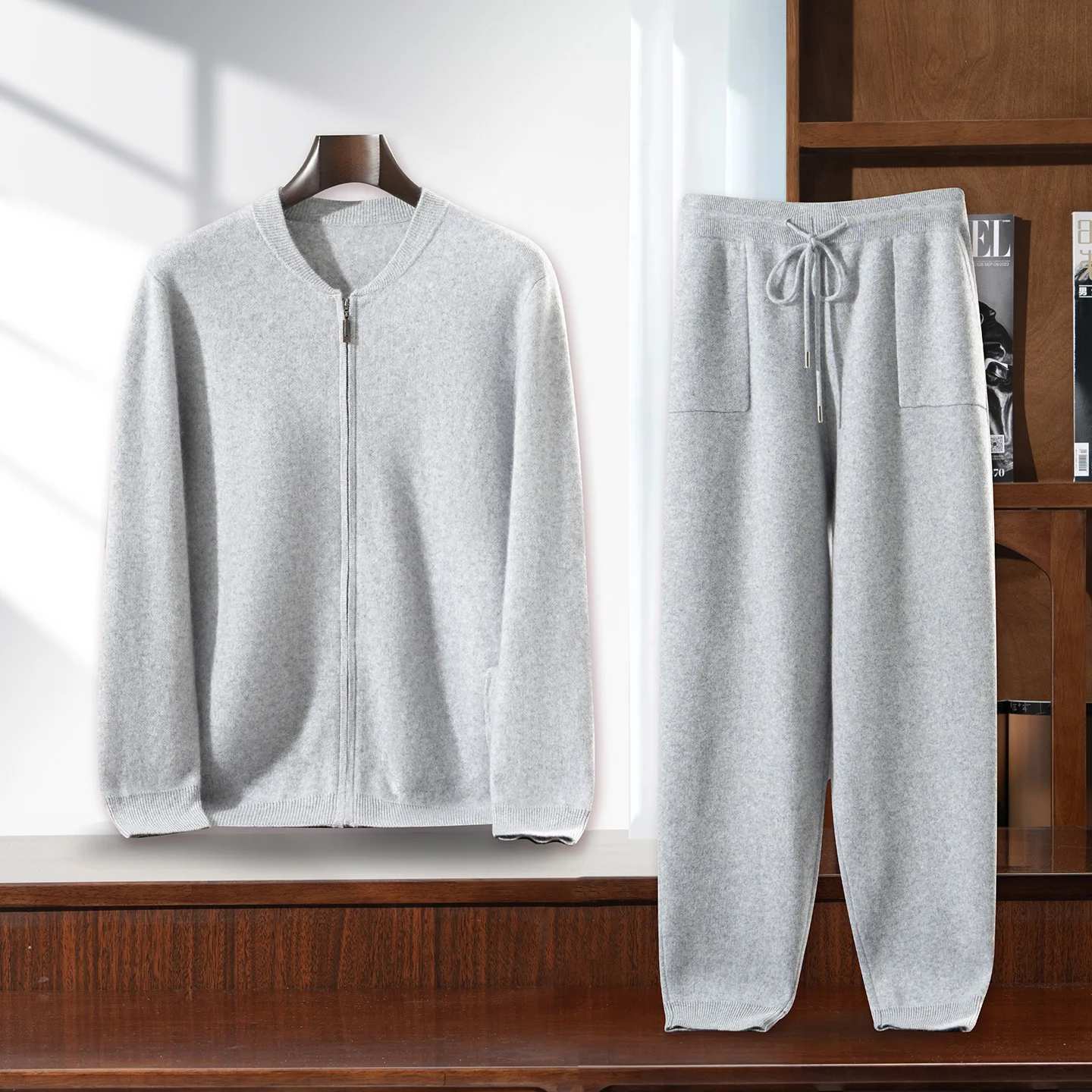 100% Cashmere Cardigan Set Men's Autumn Winter O-neck Zipper Thick Jacket Wide Leg Pants Loose Knitted Two-piece Suit High-end