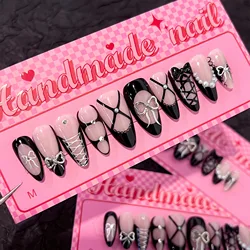 Handmade Press on Nails French 3D Black Bow False Nails Full Cover Wearable Spice Girls Sweet Cool Almond Shape Fake Nail Tips