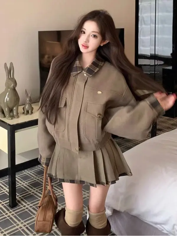 Retro Plaid Splicing Collar Woolen Coat Women's Winter Fashion Set with Half Skirt Two-Piece Suit High Waist Zipper Warmth
