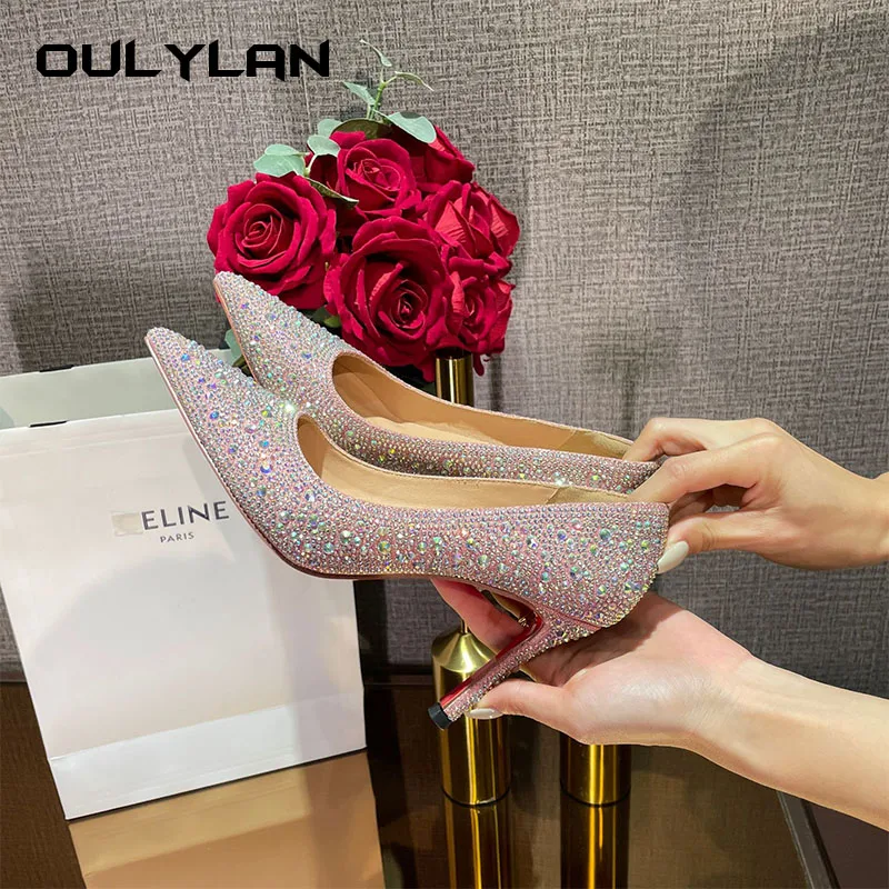 High Heels 2024 Summer New Fashion Versatile Black Rhinestone Single Shoe Red Sole Slim Heel Temperament Women's Shoes