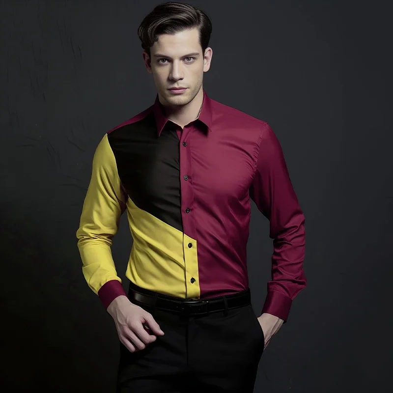 Fashion Shirts for Men Autumn New Men's Stitching Color Retro Dress Clothes Wedding Business Shirt Chemise Homme
