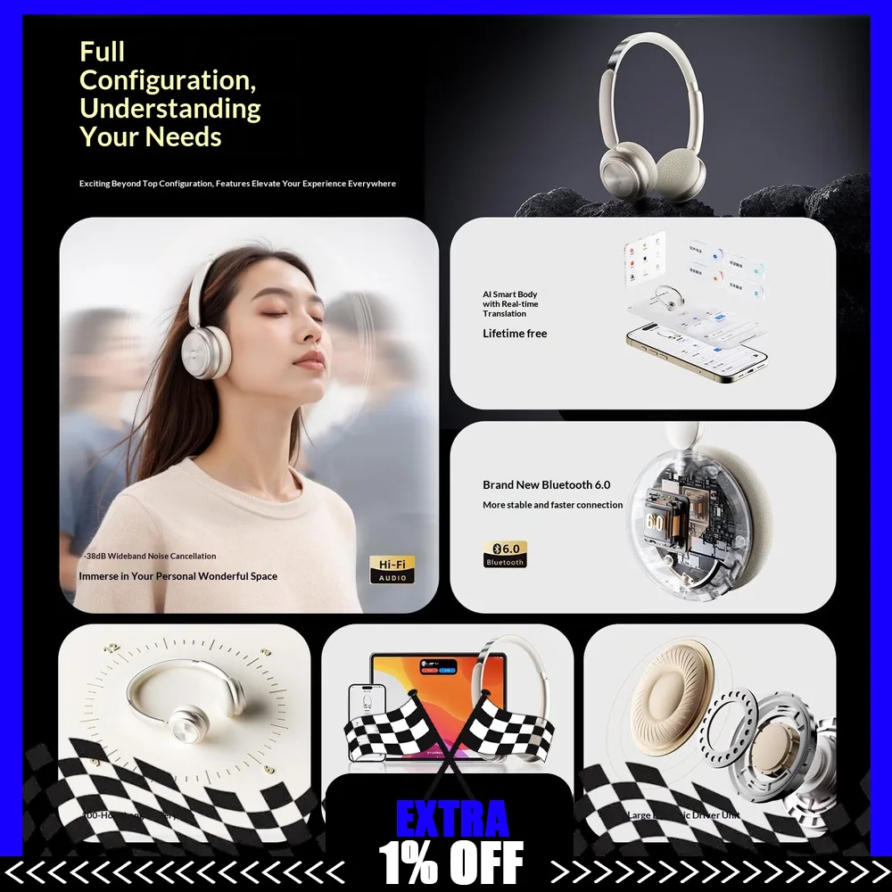 BOJ H102 Wireless Over-Ear Bluetooth 6.0 Headphones with Noise Cancelling AI Translation and 100H Battery Life For Gifts