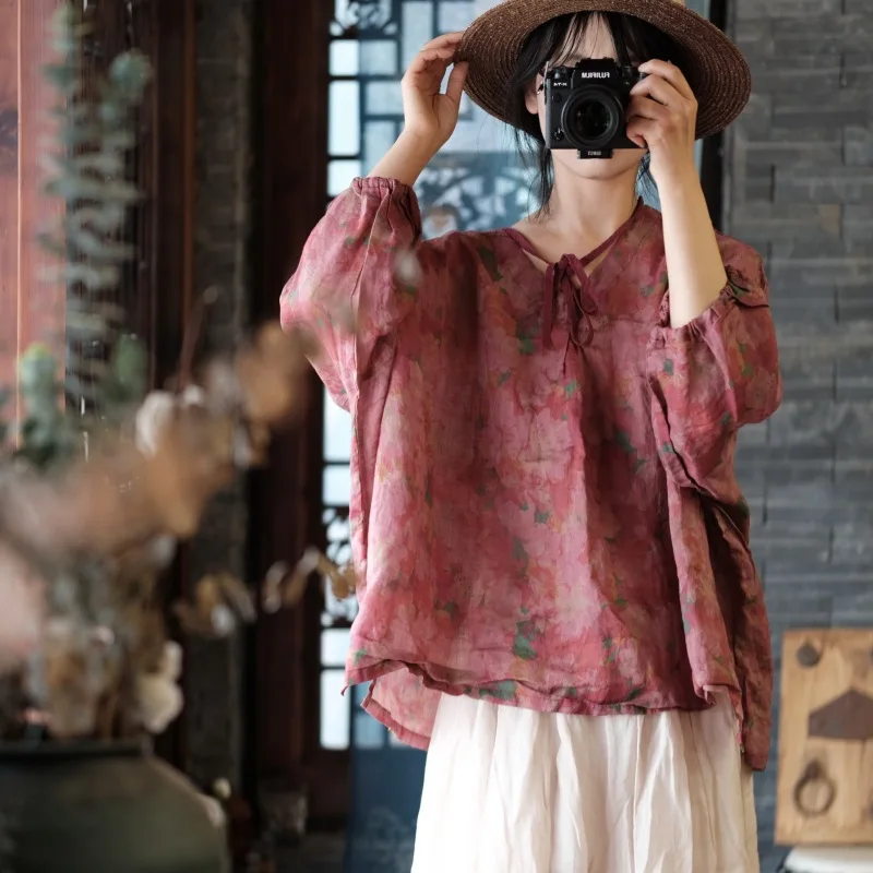 

2026 Female V Neck New Arrival 100% Ramie Tops Long Sleeves Summer Women Floral Printed Loose Casual High Quality Blouse Shirts