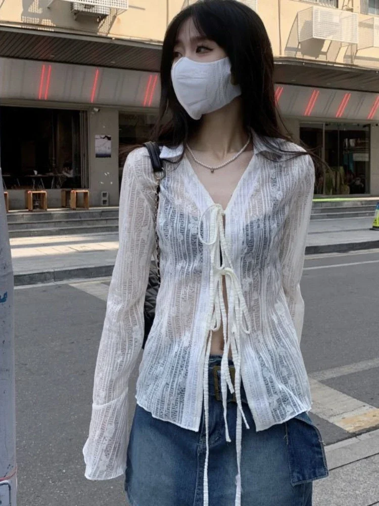 Japanese Women Blouse 2025 Y2k Aesthetic Grunge Bandage Sexy Shirt Harajuku Turn Down Collar Flare Sleeve Blusas