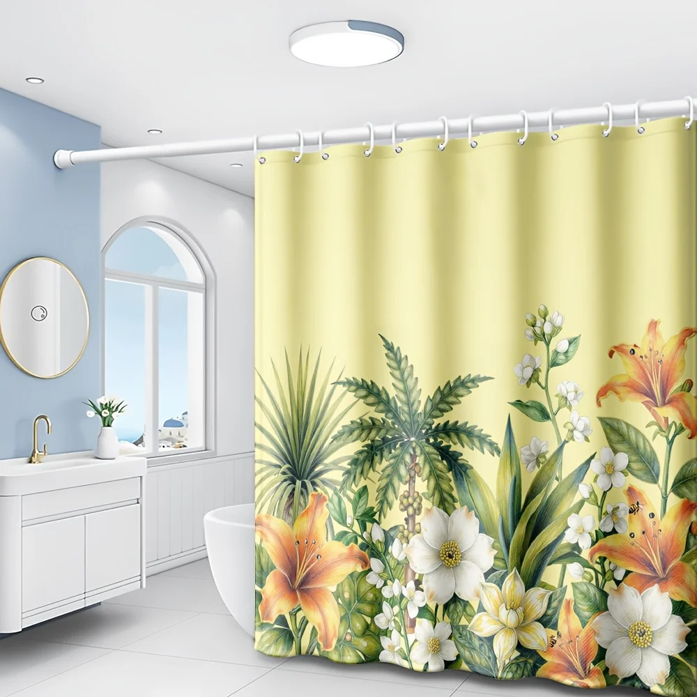 1pc Tropical Floral Greenery Fresh Natural Style Printed Shower Curtain, Bathroom Home Decor Shower Curtain with Free Plastic Ho