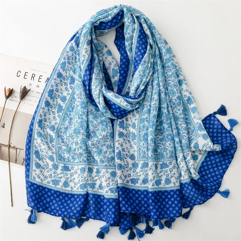 Boho Fashion Garden Floral Chain Tassel Viscose Shawls Scarf Lady High Quality Wrap Beach Stole Bufandas Muslim Hijab 180*90Cm