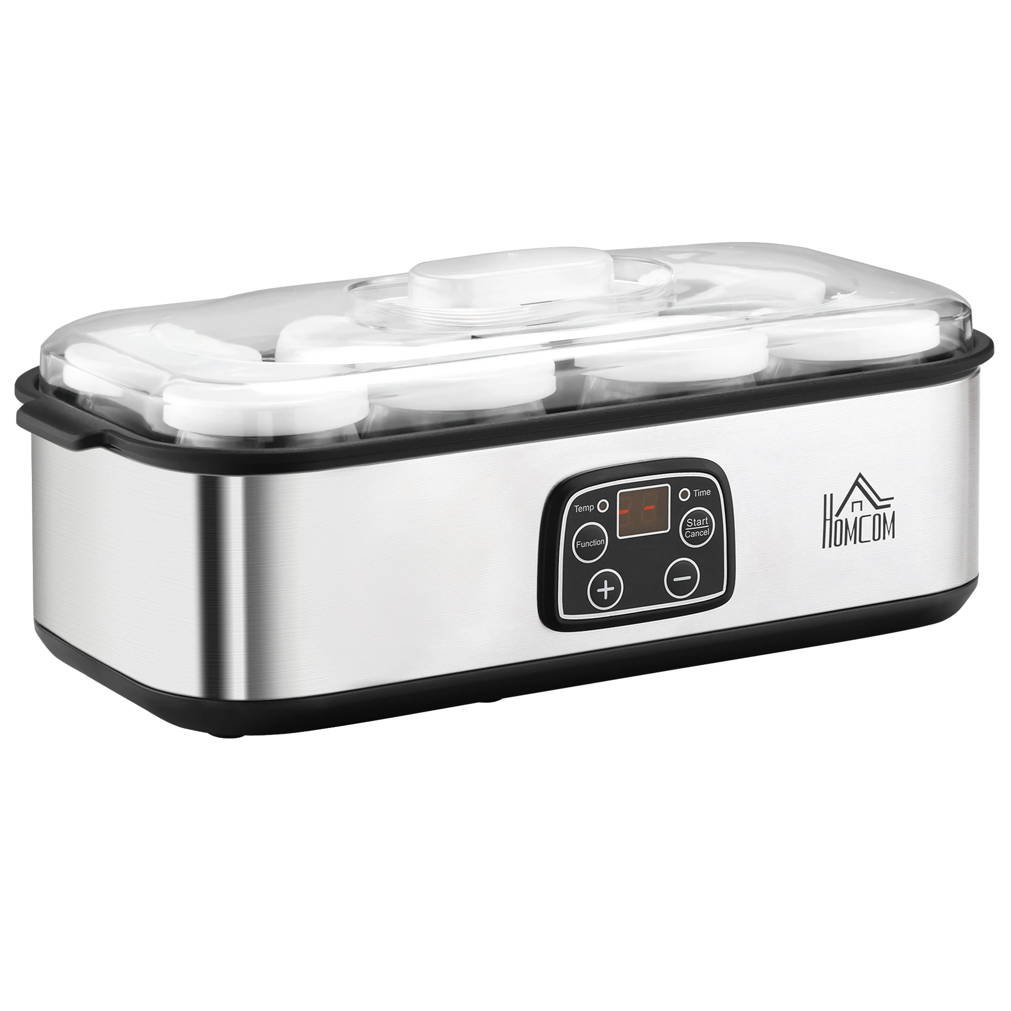 Máquina para hacer yogur HOMCOM con 8 recipientes, máquina para hacer yogur eléctrica de acero inoxidable con temporizador, termostato ajustable y pantalla digital para postres saludables en casa