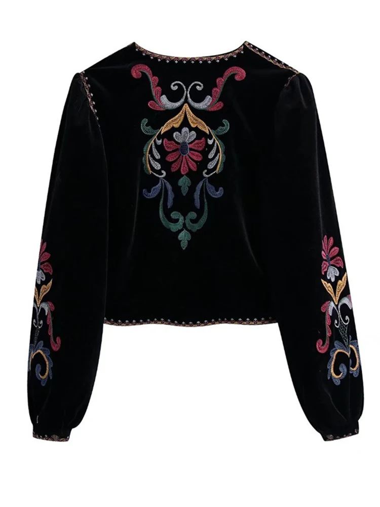 Embroidery Jacket Women Velvet Cropped Coat Female Vintage Boho Floral Jackets Ladies Autumn Casual Long Sleeve Black Outerwear