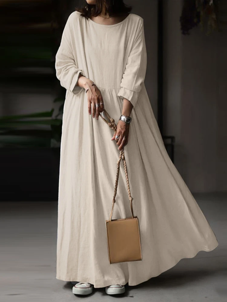 2023 Autumn Vintage Long Sleeve Solid Sundress Women Elegant Maxi Long Dress ZANZEA Kaftan Femme Robe Vestidos Baggy  7