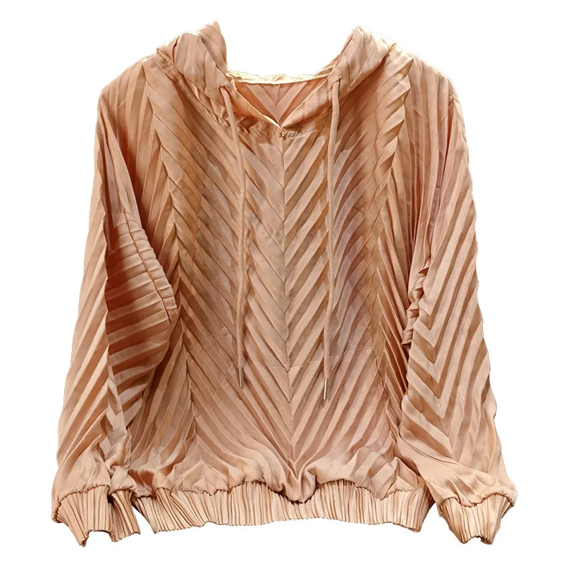 Miyake Pleated Sweater Hoodie Fashion Fold Tops Women Spring New Casual Simple Loose Big Yards Versatile Pleat Hooded Pullover