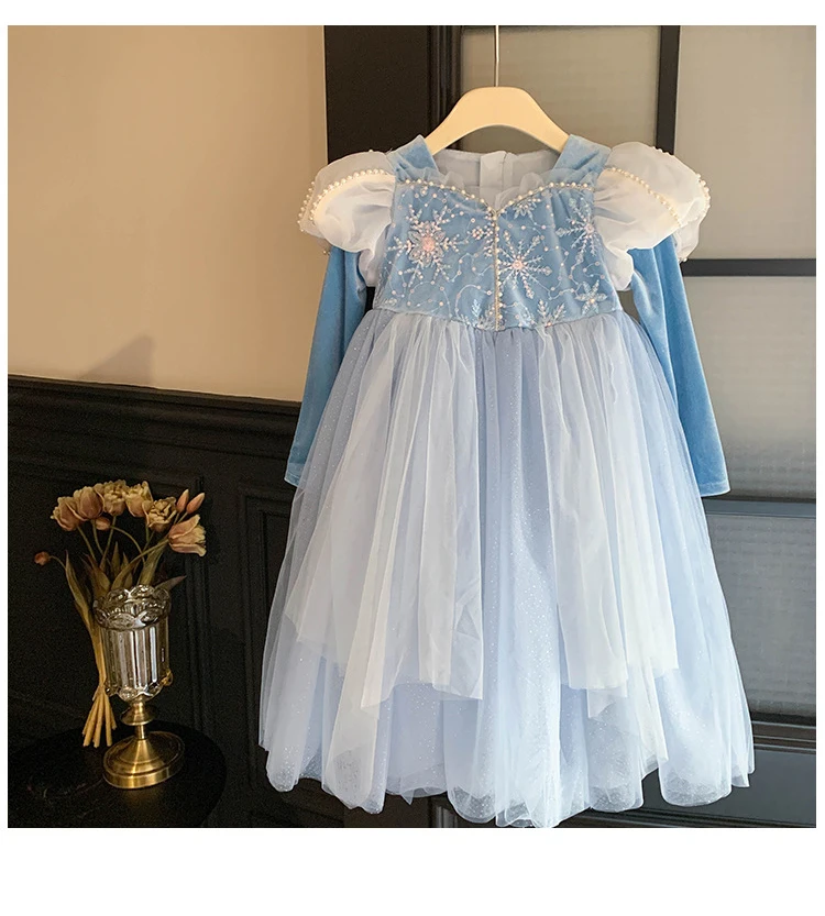 Elsa Frozen Girl Blue Birthday Party Wear Princess Long Clothing Flower Girls Dress Lush Elegant Sequin Velvet Dress for Girls