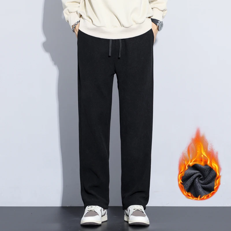 Kaffee Khaki Schwarz Grau Lose Beiläufige Hosen Männer Winter Fleece Thermische Mode Hosen Dicke Samt Gerade Breite Bein Jogginghose