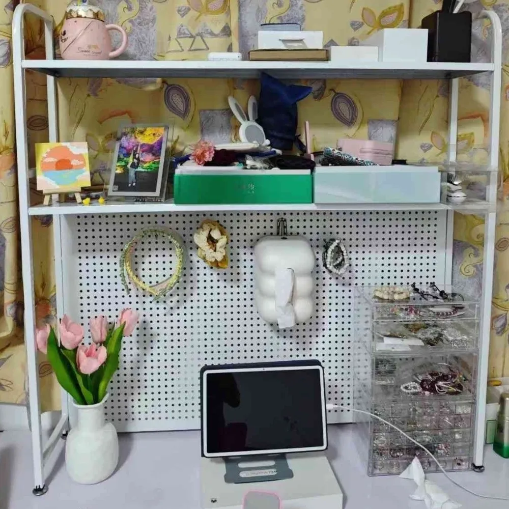 

Useful Metal Tabletop Shelving Multi-layer Hole Board Design 2-Tier Shelving Freely Combined Bookshelf Home Office