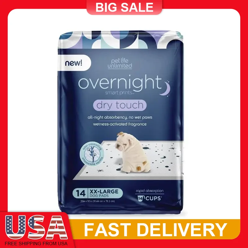 

Overnight Dog Pads XXL 14ct 30x36in Large Breeds 12 Cups Absorb Leak Control Chamomile Vanilla Scent Probiotic Odor Control