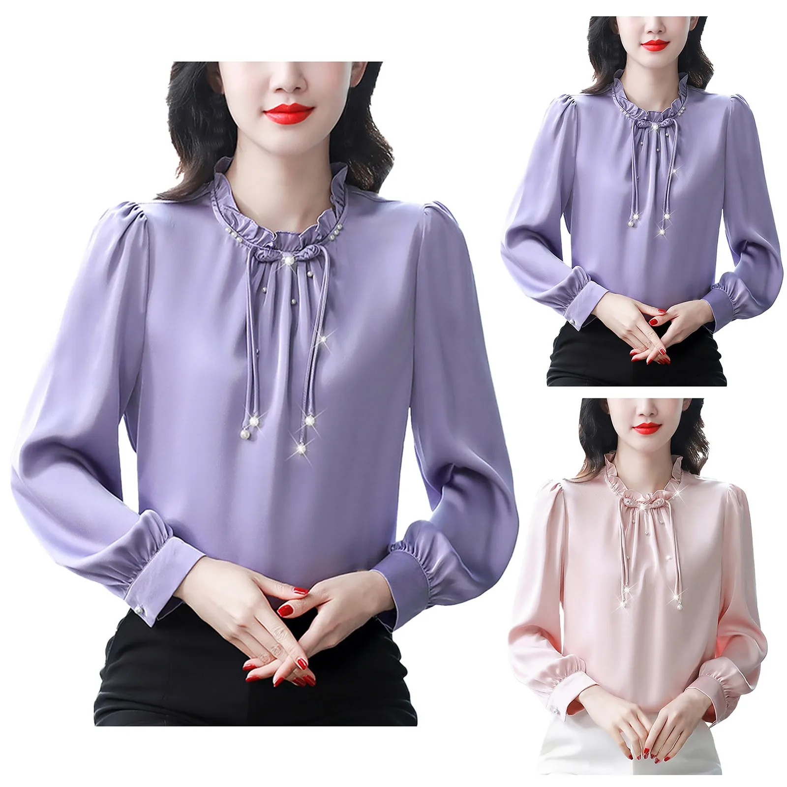 2024 New Women\'s Shirt Elegant French Standing Collar Plate Button Chiffon Shirt Fashion Solid Color Long Sleeve Commuter Blouse