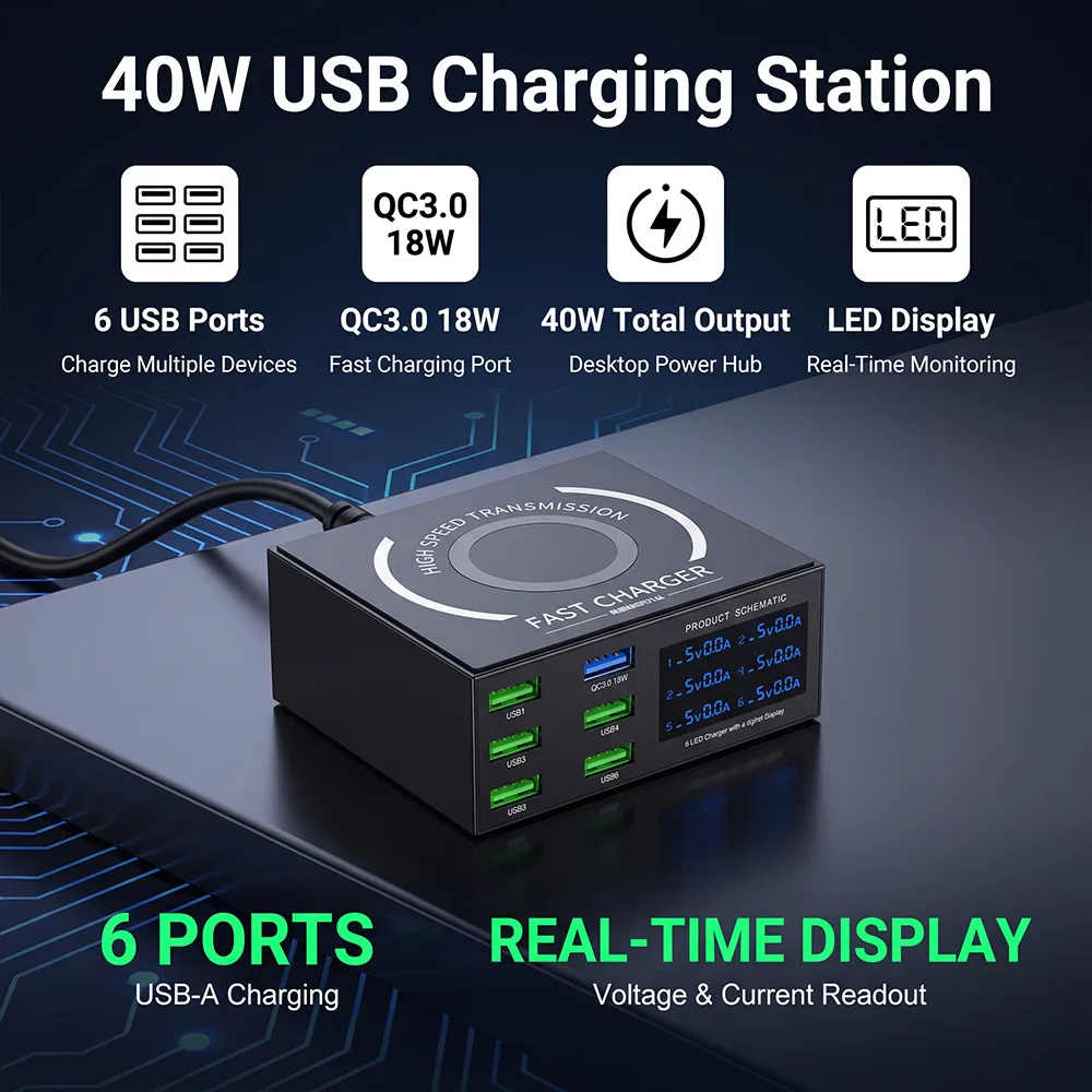 MRSVI 40W 6-Port USB Desktop Charger, QC3.0 Fast Charge with LED Display, Powers 6 Devices at Once, Overcurrent Protection