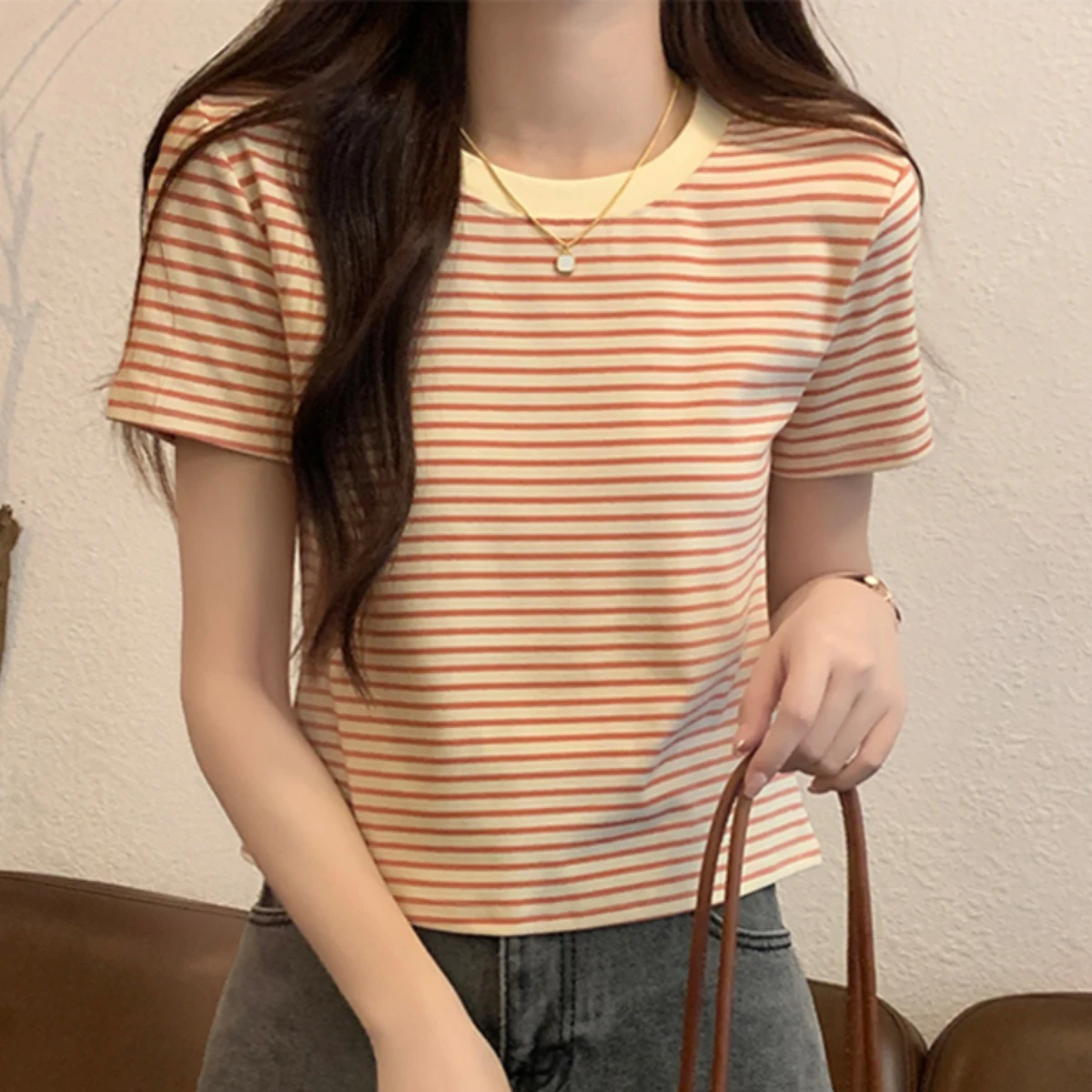 المرأة الجديدة تنوعا قصيرة مخطط قصيرة الأكمام تي شيرت الصيف الكورية عادية نصف كم تي شيرت Spicl فتاة نمط بلوزة مستديرة العنق #6