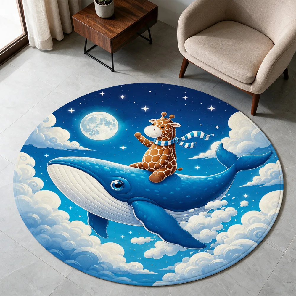 Cute Dolphin and Giraffe Under Stars Round Area Rug Nursery Kids Play Mat Blue Sky Cartoon Decor