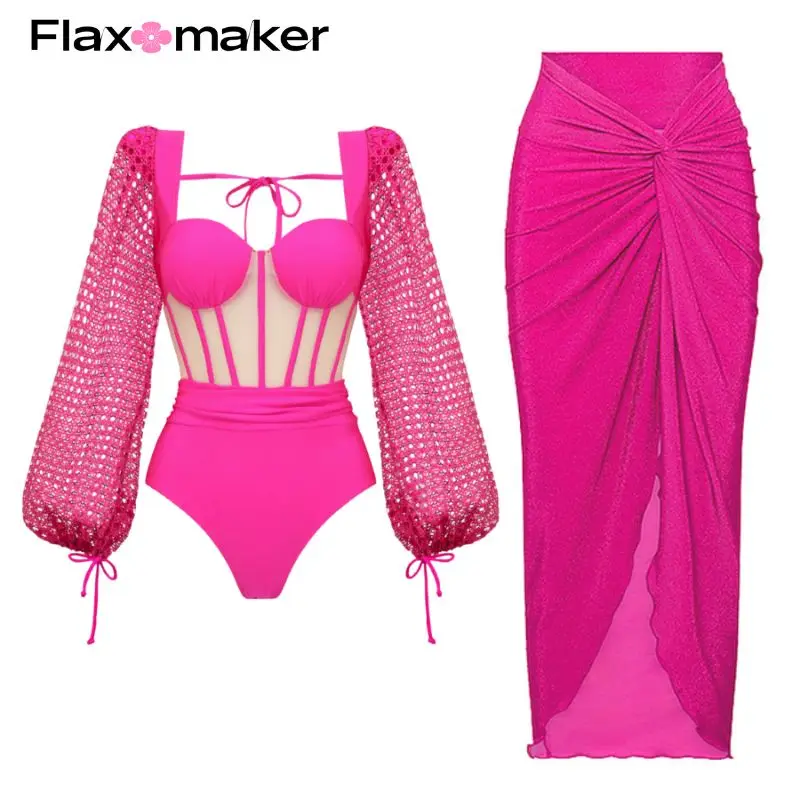 

FLAXMAKER Mesh Hollow Long-sleeved Net Yarn Splicing One Piece Underwired Bikini Swimsuit and Sarong