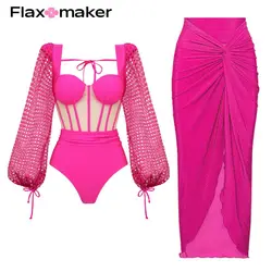 FLAXMAKER Mesh Hollow Long-sleeved Net Yarn Splicing One Piece Underwired Bikini Swimsuit and Sarong