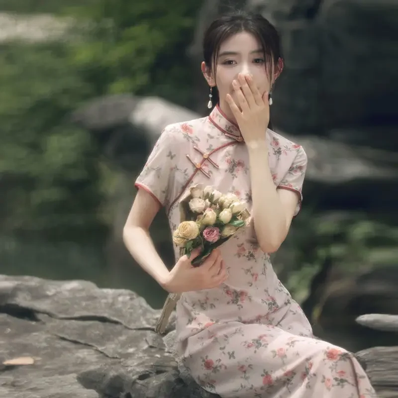 

Новинка 2023 года, китайское Ципао Cheongsam, летнее улучшенное платье в молодом стиле, розовое повседневное платье в стиле ретро для девочек, новое вечернее платье