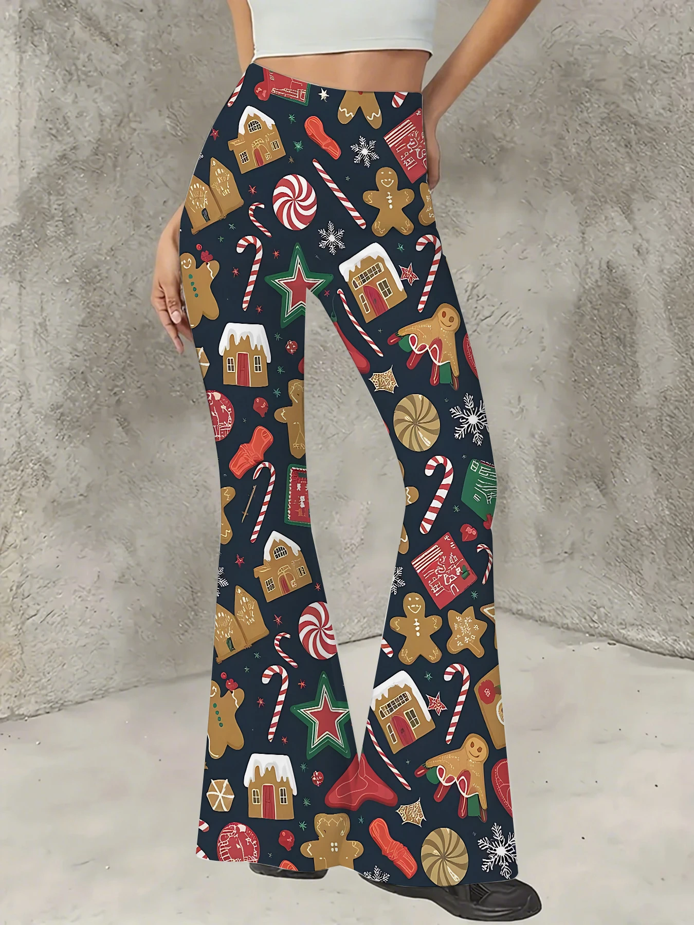 

Y2K Graphic Print Flare Pants Women High Waist Knit Bell Bottom Trousers