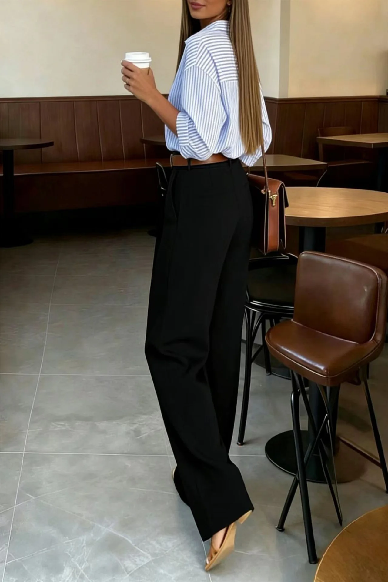 High Waist Double Front Pleat Wide Leg Floor Length Suit Pants Zip Fly Slant Pockets Loose Drapey Office Trousers