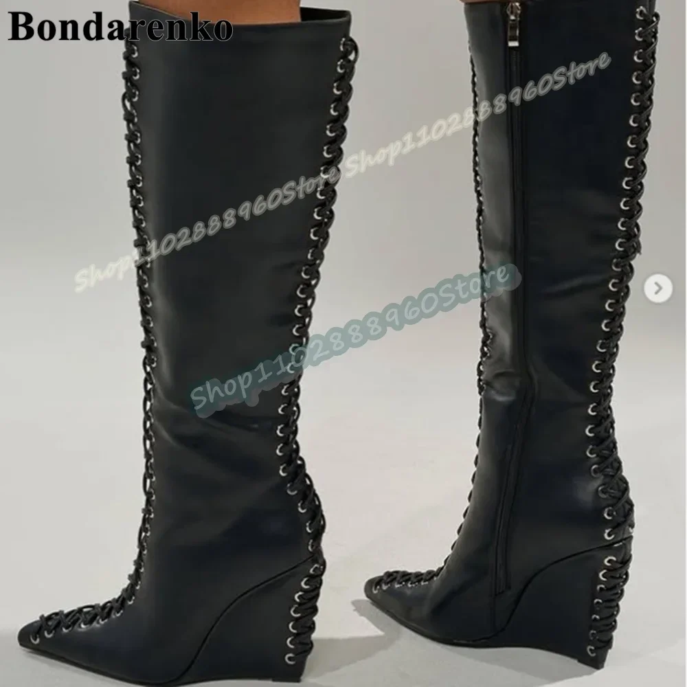 

Knee High Black Matte Leather Cross Tied Pointy Boots Wedges High Heel Women Shoes Side Zipper Pointed Toe Sexy Stylish Boots